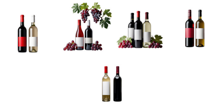 Bottles of red and white wine with fresh grapes arranged on a transparent background featuring multiple styles and labels for design use