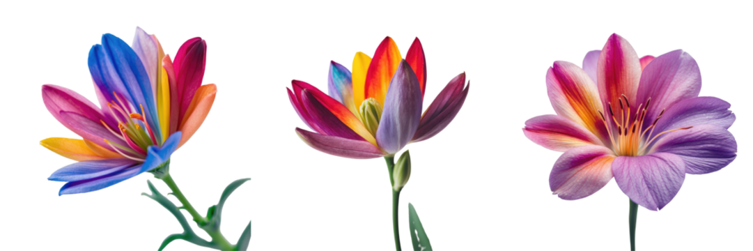 Close-up images of vibrant flowers with colorful petals arranged in sequence isolated on a transparent background showcasing detailed textures and hues