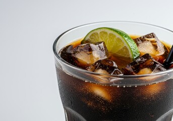 Refreshing dark soda beverage with ice cubes and lime slice close-up view
