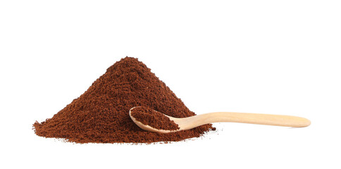 Wooden spoon with coffee powder on white background