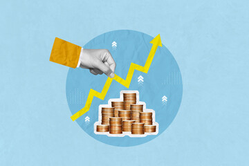 Creative art collage of hand holding upward arrow with increasing piles of coins Indicating sales profit. Invest,Investment,profit, saving money,finance and business strategy