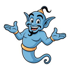 Cartoon Blue Genie with Friendly Smile and Arms Open on Transparent Background