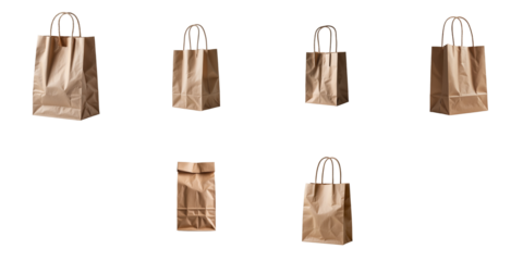 Brown paper bag collection in various styles and angles isolated on transparent background suitable for packaging and retail design purposes