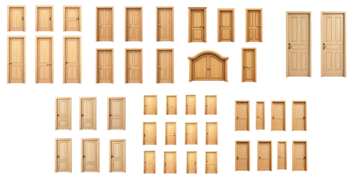 Variety of wooden doors arranged in multiple styles and designs isolated on a transparent background with a complete clipping path for easy use in graphic projects