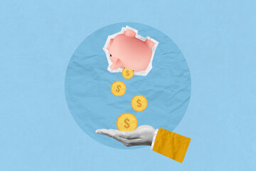 Crisis, recession, finance, Investment decrease, budget deficit and loss concept. Creative art collage of piggy bank upside down with money falling down Indicate the financial crisis