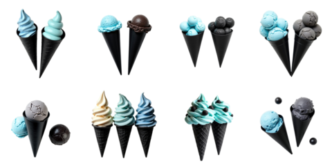 Assorted flavors of ice cream in transparent cones including blue and transparent varieties arranged in a grid pattern on a transparent background with no distractions