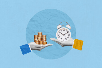 Time is money, coins, investment, control or make decision. Creative art collage of hand holding clock and pile of coins