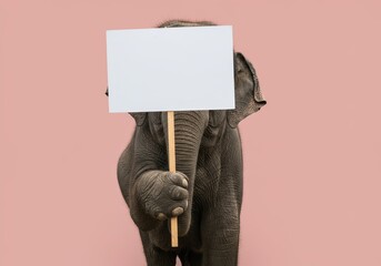 Elephant holding blank sign on pastel background with copy space isolated concept