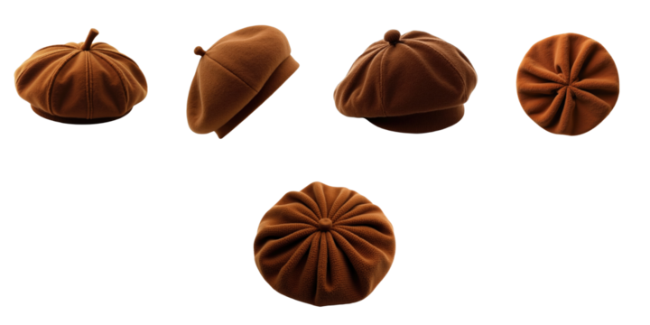 brown beret accessory isolated on transparent background showcasing multiple angles of a stylish autumn fashion item for women