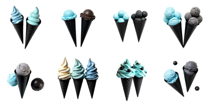 Assorted flavors of ice cream in transparent cones including blue and transparent varieties arranged in a grid pattern on a transparent background with no distractions