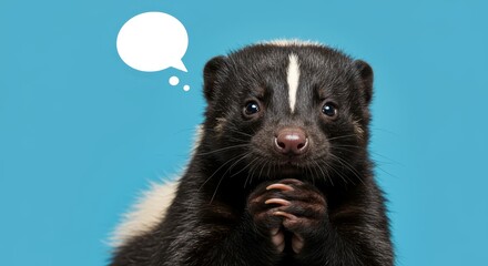 Thoughtful skunk contemplating something, on a vibrant cyan background