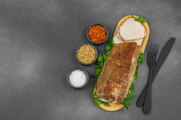 High-protein roasted pork loin served with tasty sauces, styled for food photography