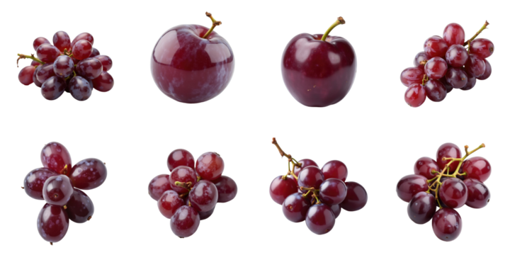 Assorted closeup images of red and purple grapes arranged on a transparent background displaying various shapes and clusters highlighting their texture and color