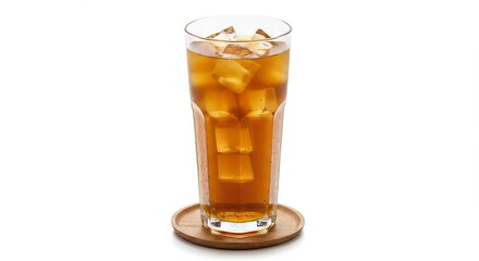 Refreshing iced tea with ice cubes in a tall glass on a white background