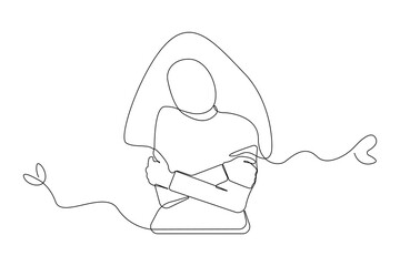 Continuous single-line art drawing of woman hugging herself. Self love concept background