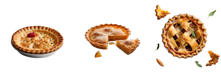 Variety of deliciously baked pies including whole and sliced options displaying crusts and filling on transparent background, isolated image with no distractions