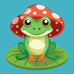 Obraz premium Cartoon Green Frog Sitting on a Lily Pad Under a Mushroom