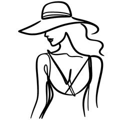 Beautiful woman  silhouette in a hat simple continuous one line drawing . Transparent background png file