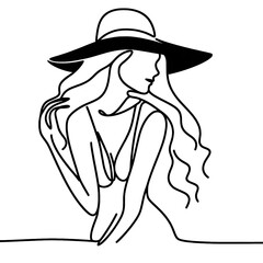 Beautiful woman  silhouette in a hat simple continuous one line drawing . Transparent background png file