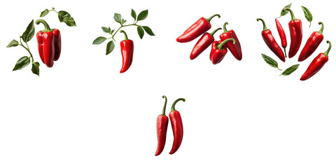 fresh red chili peppers with green leaves arranged on a transparent background displaying isolation and vibrant color for culinary use and food presentation