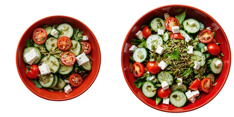 Organic vegetable salad featuring tomatoes, cucumbers, mixed greens, seeds, and feta cheese served in two red bowls against a transparent background with ample copy space.