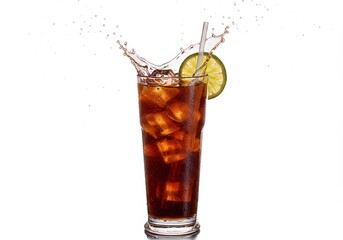 Refreshing cola drink with ice cubes, lime, straw, splash against white