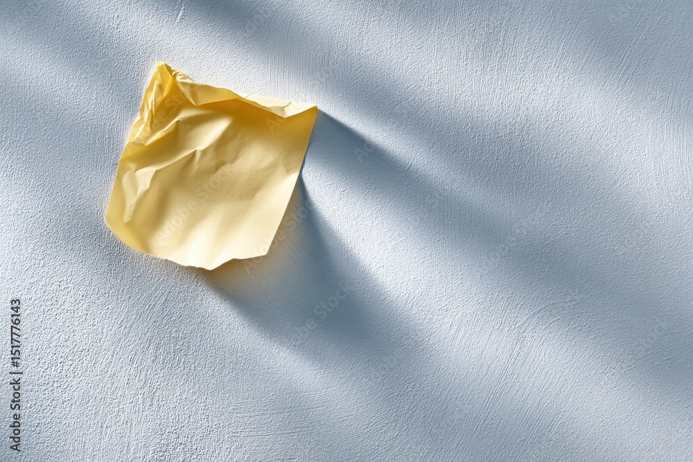 Poster yellow crumpled paper stuck to a white wall, representing a reminder or urgent task for business pla