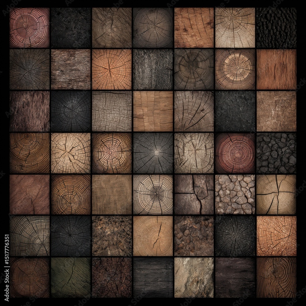 Poster Wood Cross Sections Arranged in a Grid Pattern, Showcasing Natural Textures and Sustainable Materials for Construction and Design Projects : Generative AI