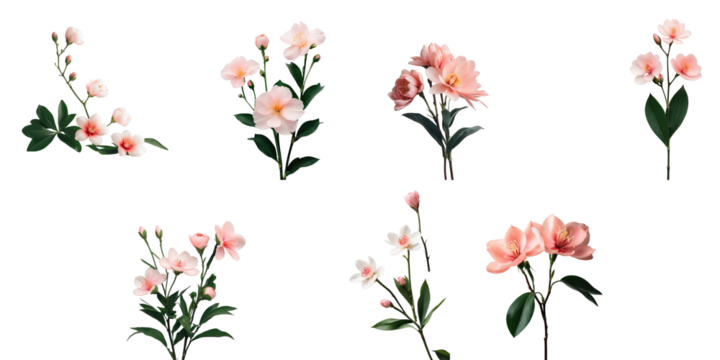 Cantonese flower arrangements featuring multiple isolated floral compositions with pink blossoms and green leaves on a transparent background for versatile design applications