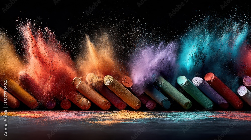 Aufkleber Colorful Chalk Pastels Exploding With Pigment on Black, Representing Artistic Expression and Creative Inspiration for Educational Projects : Generative AI