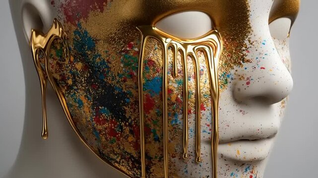 A creatively painted mannequin head with colorful splashes and golden drips, showcasing artistic expression