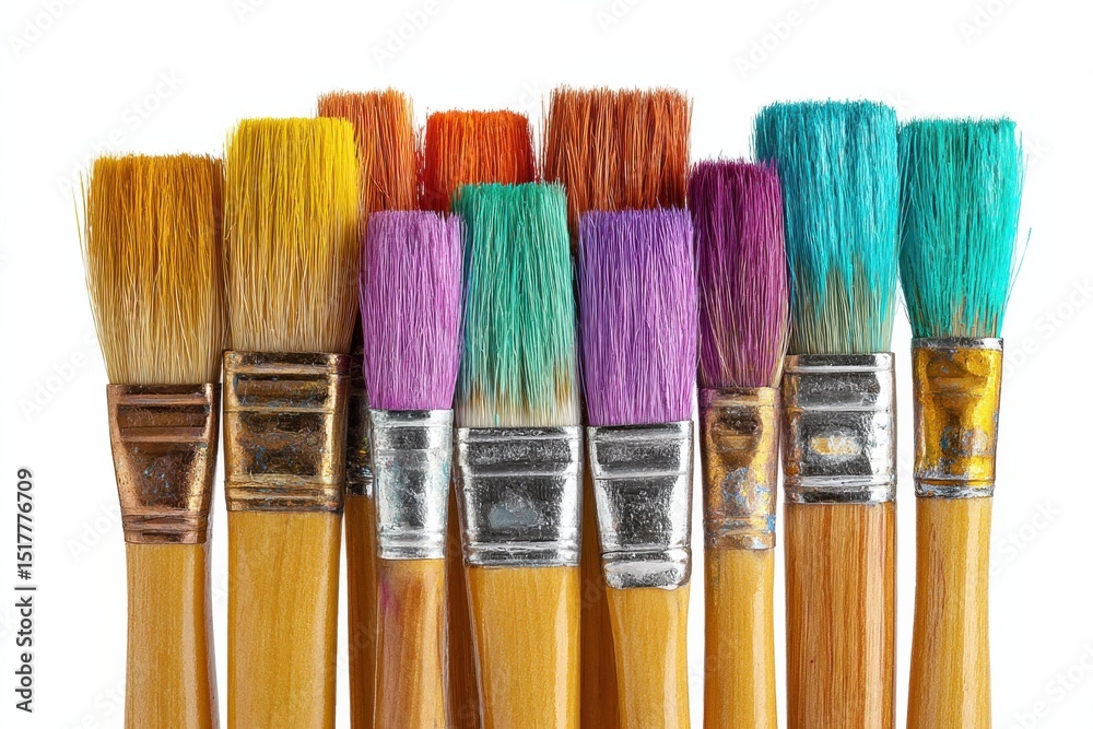 Poster row of colorful paintbrushes on white background, representing creativity and artistic expression fo