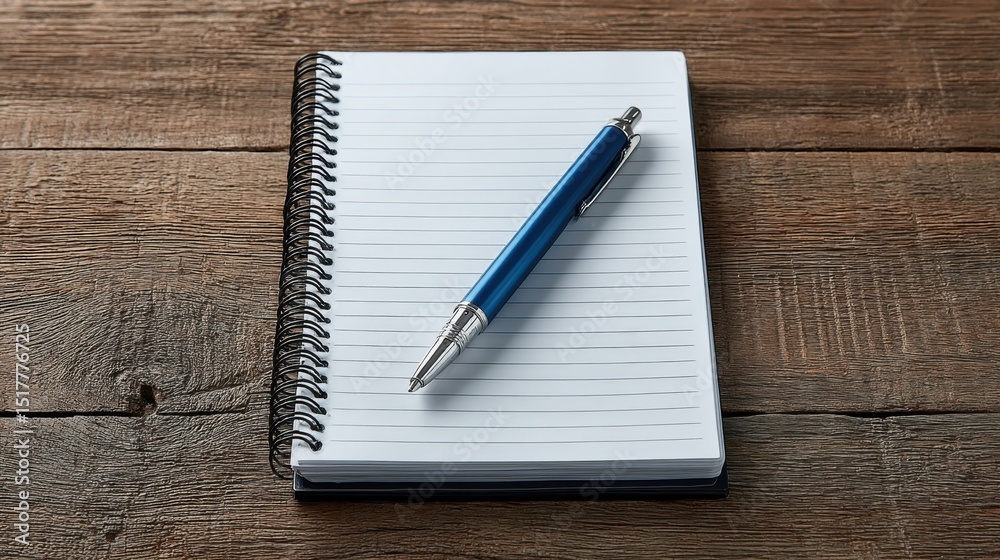 Poster blue pen on open notebook on wooden table, symbolizing planning and creative writing for business an