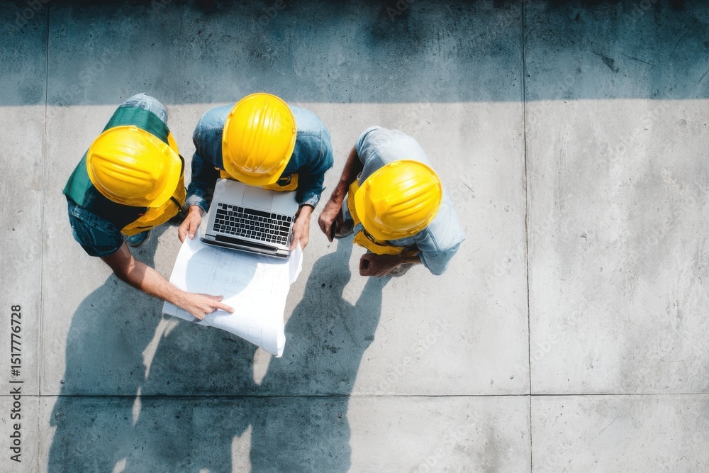 Poster Construction Workers Reviewing Blueprints and Laptop on Site, Representing Teamwork and Project Management for Infrastructure Development and Engineering : Generative AI