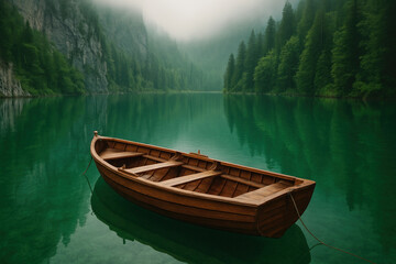 Fototapeta premium A boat floats on a serene lake.
