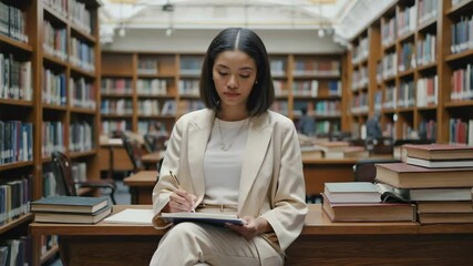 Student studying and taking notes in a library environment - Powered by Adobe