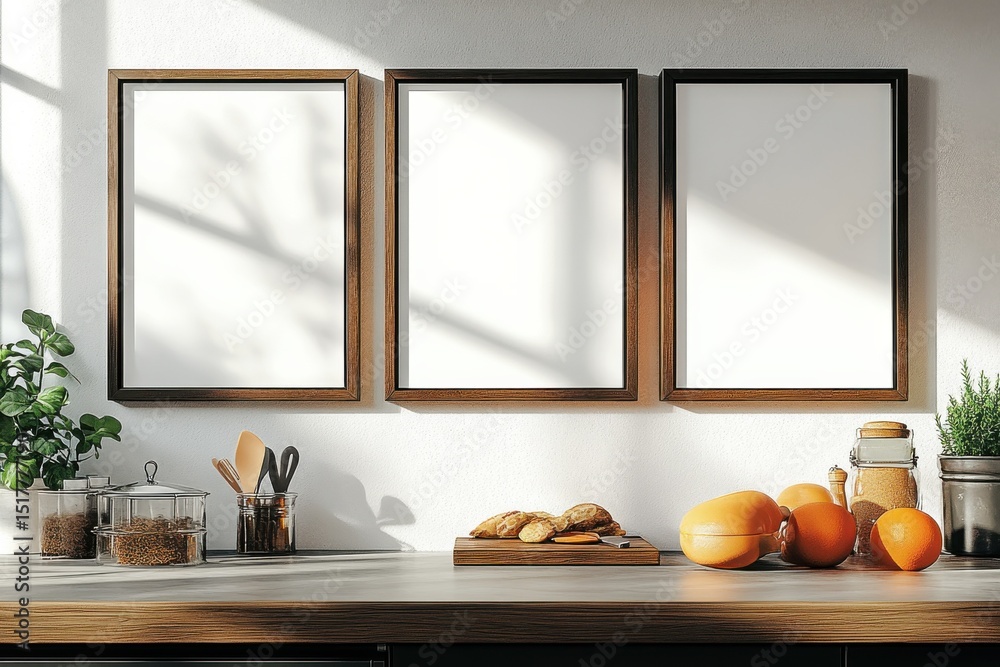 Aufkleber Three Blank Frames Above Kitchen Counter With Oranges and Bread, Ideal for Interior Design Mockups and Product Placement Visualizations : Generative AI