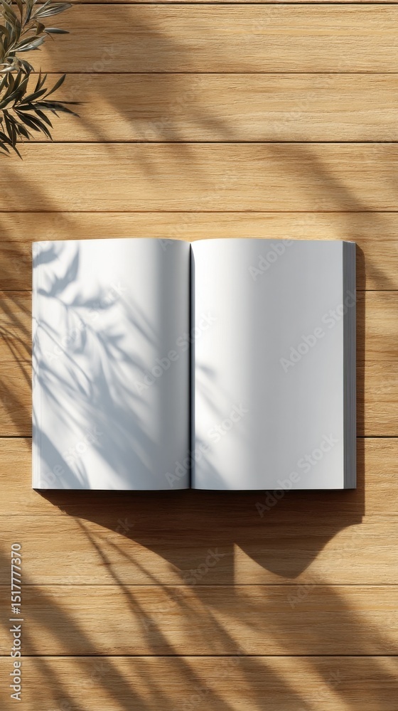 Poster open blank book on wooden table with leaf shadow, representing creativity and content marketing, rea