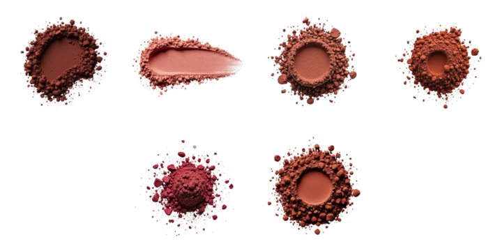 Assorted crumbled eyeshadow powders in circular patterns and swatches against a transparent background highlighting various shades and textures of mineral makeup