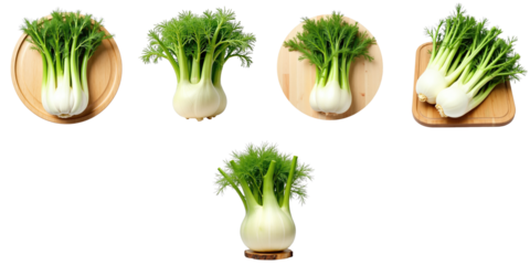 Fennel bulb and fronds displayed on wooden plates with a transparent background ideal for food presentation with space for text and branding elements suitable for vegetarian cuisine