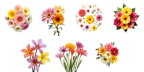 Colorful flower arrangements featuring various blooms like daisies and lilies isolated on a transparent background, showcasing different compositions and colors for creative use.