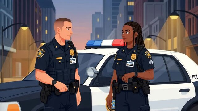 animation of a policeman on patrol and interrogating someone