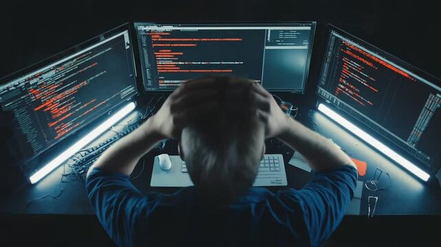 businessman with laptop programmer with code-filled screens crashing and a System Error alert, wires tangled, a coffee spill on the keyboard, dark, symbolizing tech disaster professional crisis