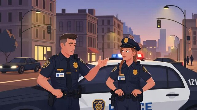 animation of a policeman on patrol and interrogating someone