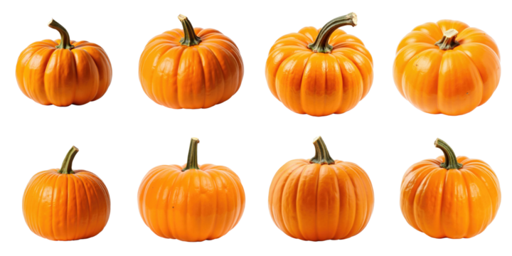 Collection of orange pumpkins with varying shapes and sizes on a transparent background, showcasing their texture and features, suitable for autumn seasonal themes and decorations.