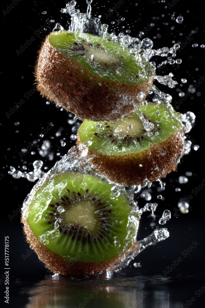 Aufkleber kiwi slices stacked with splashing water against dark backdrop, showcasing freshness and healthy eat