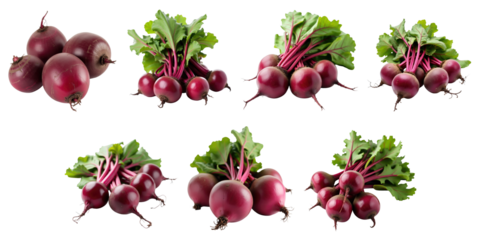 Closeup collection of fresh red beets with green tops on transparent background isolated from each other showcasing various groupings and angles