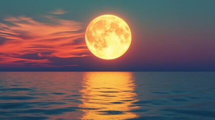 Full orange moon shining over calm ocean at dusk