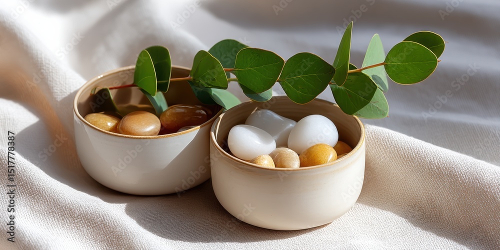 Poster two bowls of polished stones and eucalyptus on linen, representing wellness and holistic healing in 