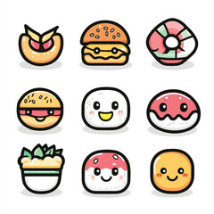 a cute kawai style food icons sushi burger donut for sticker